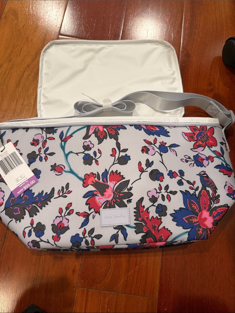 Vera Bradley Light Gray Floral lunch bag  Crossbody with Pink & Navy Accents